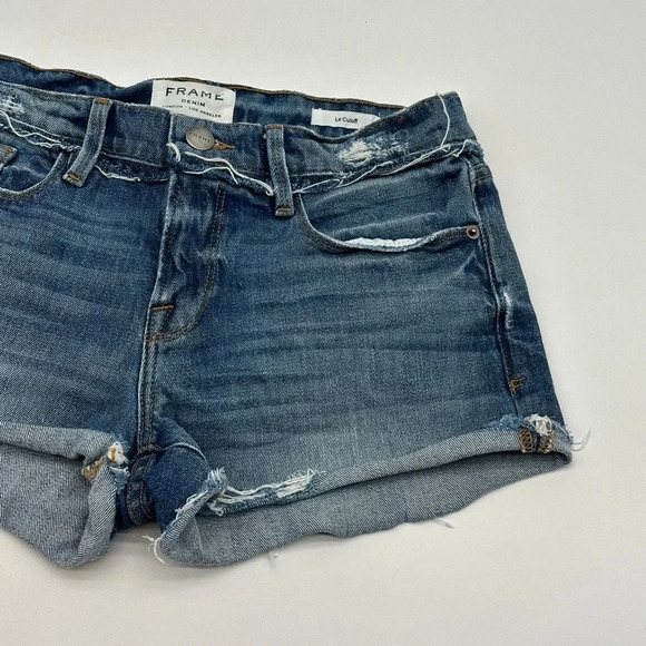 Frame Le Cut Off Jean Shorts Stretch Denim Raw Hem Distressed Size 26 Dark Wash - Picture 4 of 8